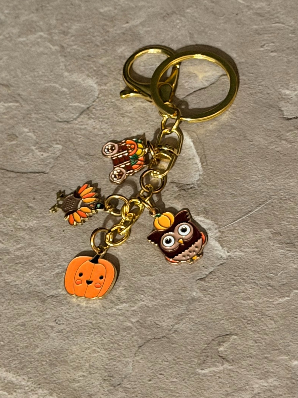 Gold-Tone Fall Bag Charm/Keychain with Orange Pumpkin Turkey and Owl